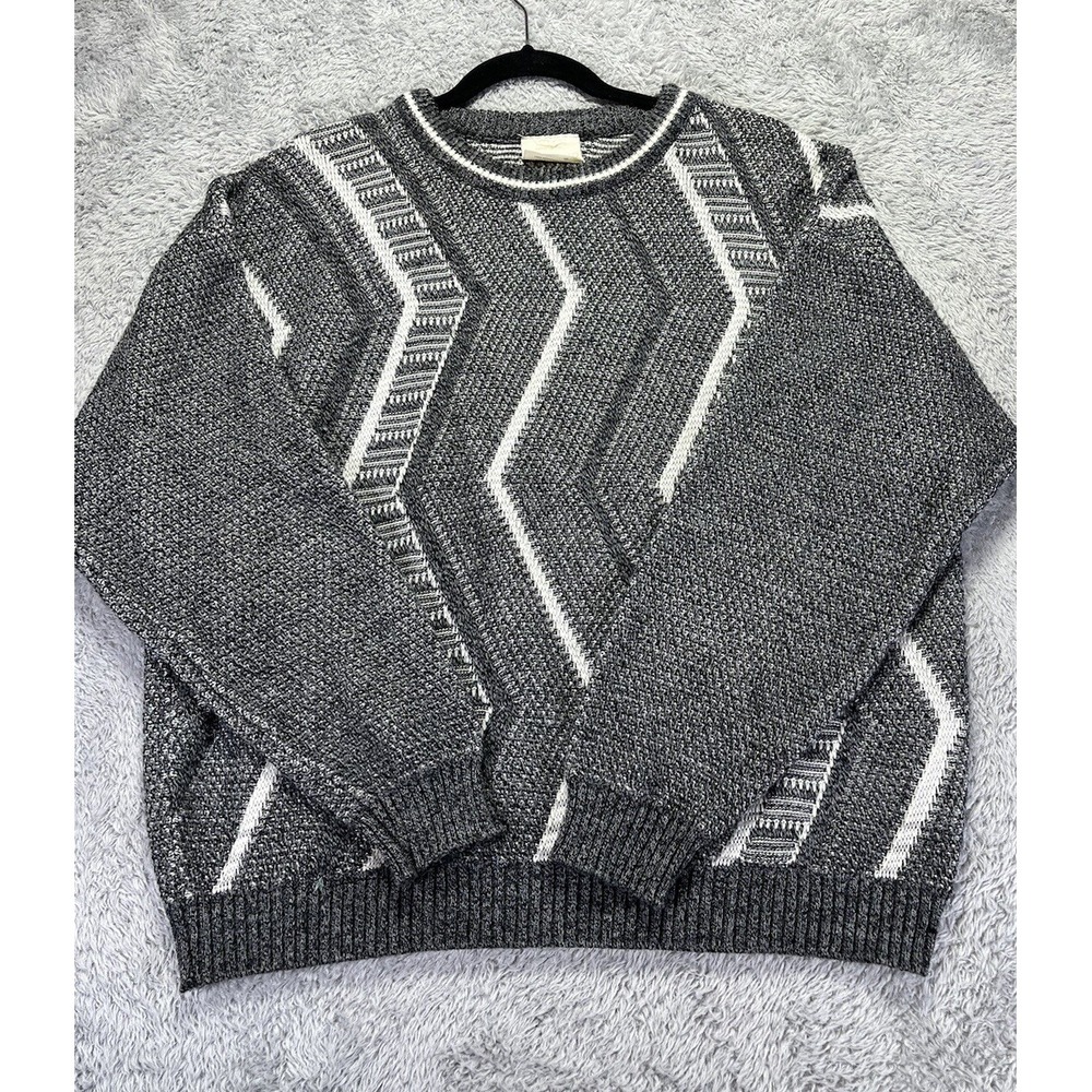 VTG Porto Bello Mens XL Sweater Black Gray 3D Geometric Zig Zag 90s Grandpa